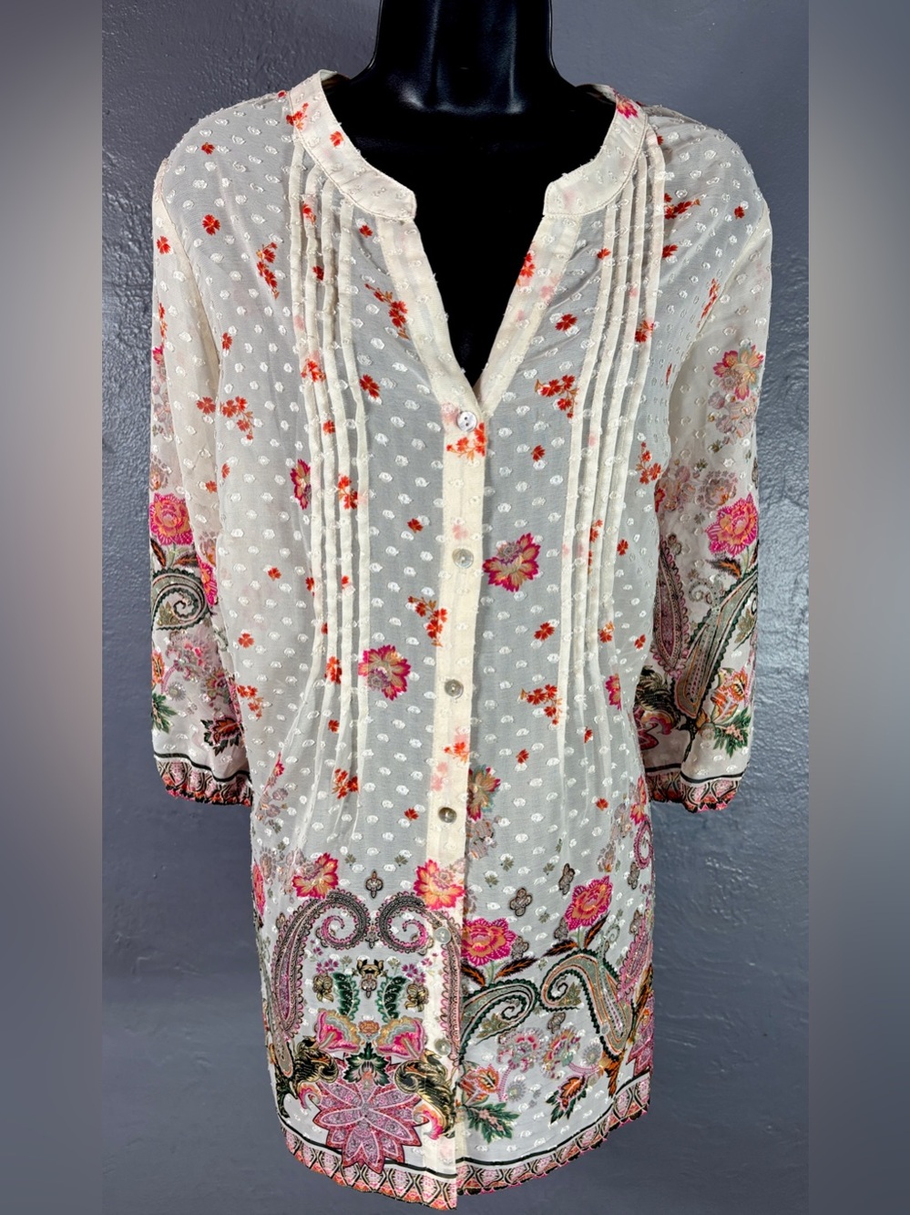 Fig & Flower anthropology Cream Chiffon Swiss Dot Peasant Boho Blouse Size XL